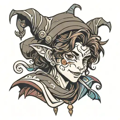 boy with wavy brown hair and brown eyes in jester outfit  tattoo design idea