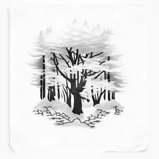 A blackwork tattoo of a crime scene silhouette in a forest setting tattoo design idea