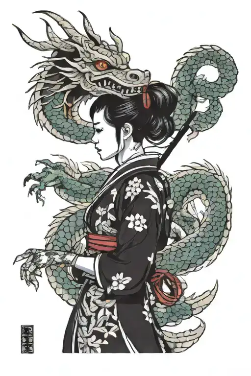 traditional japanese style tattoo dragon and samurai girl with a tattoo Machine tattoo design idea