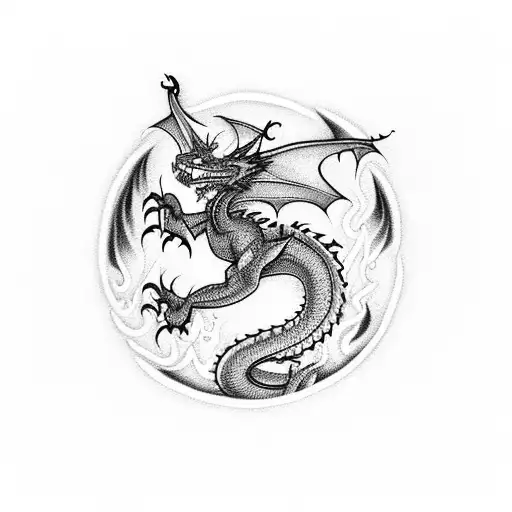 A dragon flying over a city skyline at night with flames trailing behind it tattoo design idea