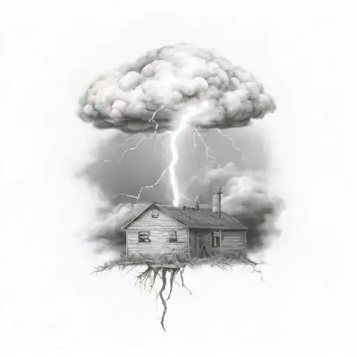A realistic tattoo of a powerful lightning bolt striking an abandoned building, with dark storm clouds in the background tattoo design idea