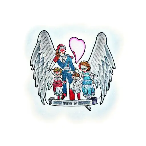mom and dad with one girl and one angel baby tattoo design idea