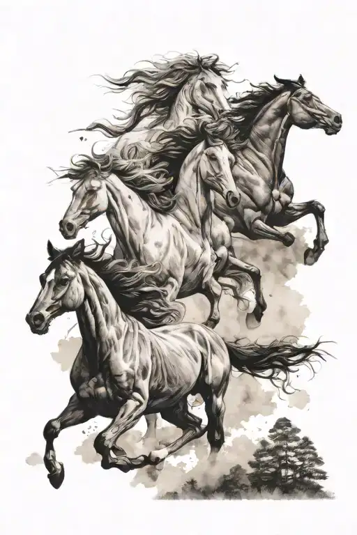 3 wild horses, one running straight two others running in different directions. forest background  tattoo design idea