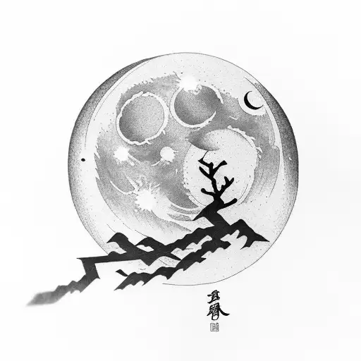 The moon behind a pine branch in Japanese style, an eagle like on the flag of Kazakhstan and shanyrak tattoo design idea