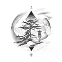 The moon behind a pine branch in Japanese style, an eagle like on the flag of Kazakhstan and shanyrak tattoo design idea