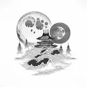 The moon behind a pine branch in Japanese style, an eagle like on the flag of Kazakhstan and shanyrak tattoo design idea