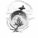 The moon behind a pine branch in Japanese style, an eagle like on the flag of Kazakhstan and shanyrak tattoo design idea