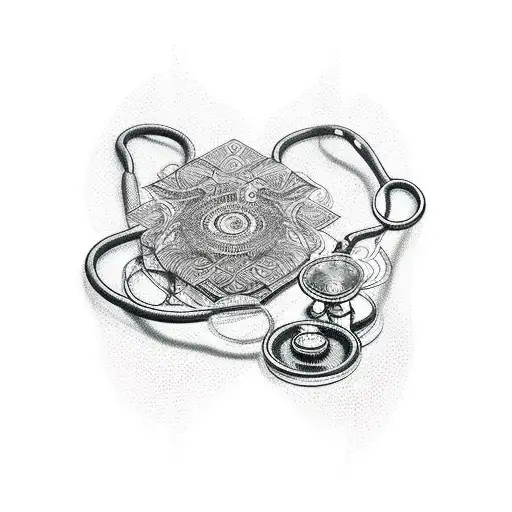 Geisha holding a stethoscope with intricate dotwork patterns tattoo design idea