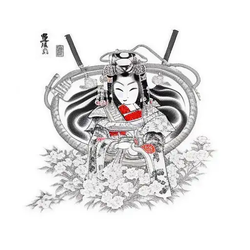 Geisha wearing samurai armor holding a stethoscope tattoo design idea