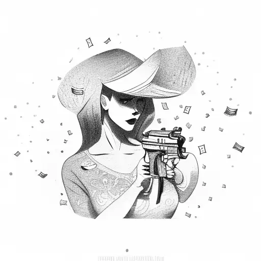 A woman holding a gun with money raining down around her tattoo design idea