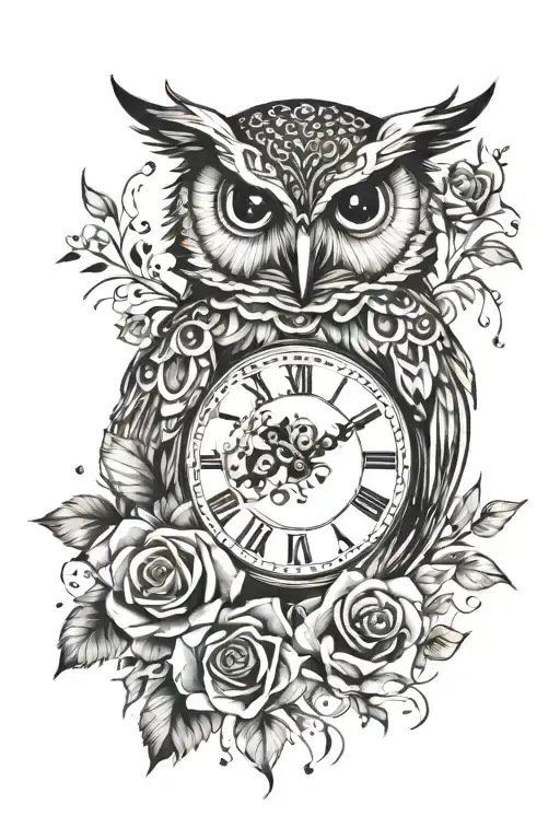 watercolor owl with stomach clock and roses tattoo design idea