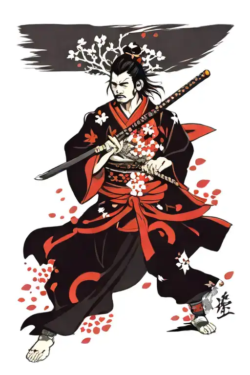 A samurai warrior in traditional armor wielding a katana, surrounded by cherry blossoms and Japanese calligraphy that reads 'courage' tattoo design idea