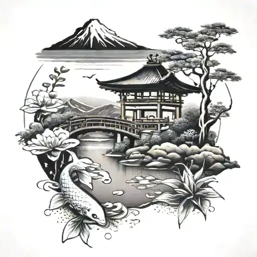 A detailed Japanese landscape with Mount Fuji, a torii gate, and a koi pond, with a hidden clock tower in the background tattoo design idea