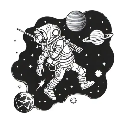A computer engineer navigating through a galaxy of planets and stars tattoo design idea