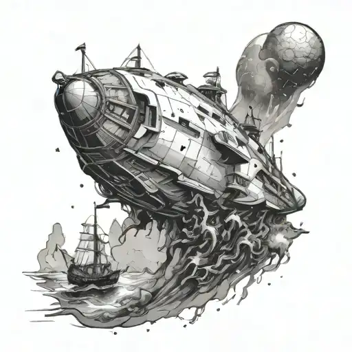 A spaceship exploring a mysterious shipwreck on an alien planet tattoo design idea