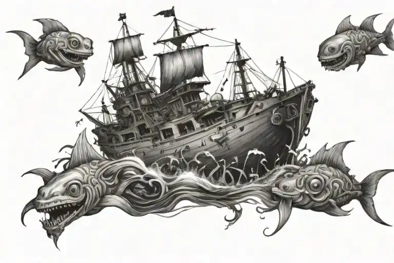An underwater shipwreck inhabited by ghostly alien creatures tattoo design idea