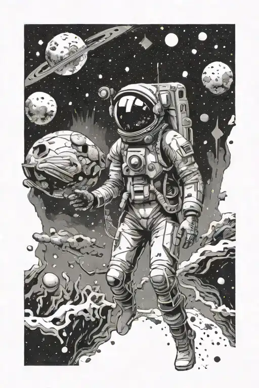 A space explorer encountering a cosmic horror in the depths of space tattoo design idea