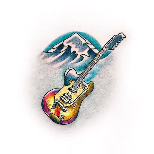guitar with mountain tattoo design idea