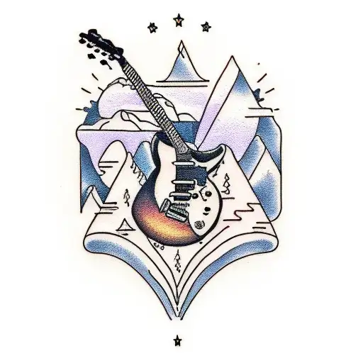 guitar and mountain tattoo design idea