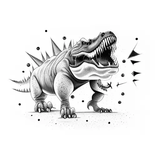 a black monochrome tattoo of a cartoon t-rex, with spikes on his back. The t-rex has a wide grin and is roller skating.  tattoo design idea