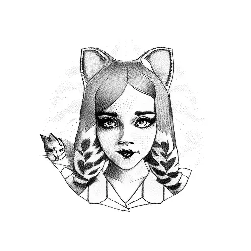 A dotwork tattoo of a silhouette of Melanie Martinez in a nurse uniform, holding a cat and standing in front of the Sydney Opera House, merging her interests in nursing and Australia tattoo design idea