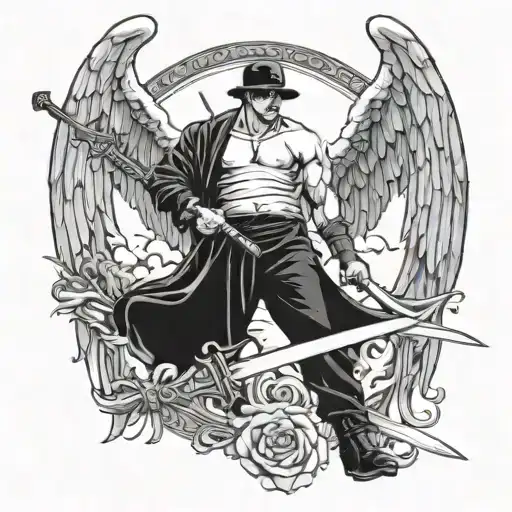 gangster on heaven holding angel sword going tattoo design idea