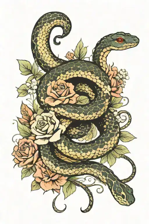 snake wrapped on a spinal cord with flowers surrounding it  tattoo design idea