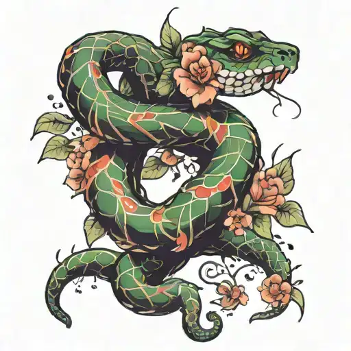 snake wrapped around spinal cord with flowers tattoo design idea