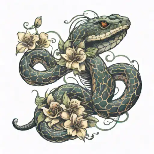 snake wrapped around spinal cord with flowers tattoo design idea
