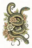 snake wrapped on a spinal cord with flowers surrounding it  tattoo design idea