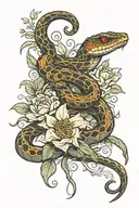snake wrapped on a spinal cord with flowers surrounding it  tattoo design idea