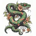 snake wrapped around spinal cord with flowers tattoo design idea