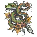 snake wrapped around spinal cord with flowers tattoo design idea