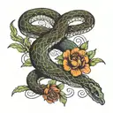 snake wrapped around spinal cord with flowers tattoo design idea