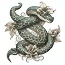 snake wrapped around spinal cord with flowers tattoo design idea