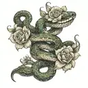 snake wrapped around spinal cord with flowers tattoo design idea