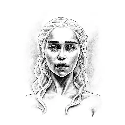 A portrait of Daenerys Targaryen with her dragons, showcasing her power and leadership tattoo design idea
