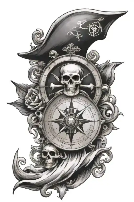 compass with pirate skull tattoo design idea