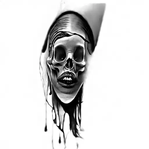 realistic womans face, half skull, dark, evil tattoo design idea