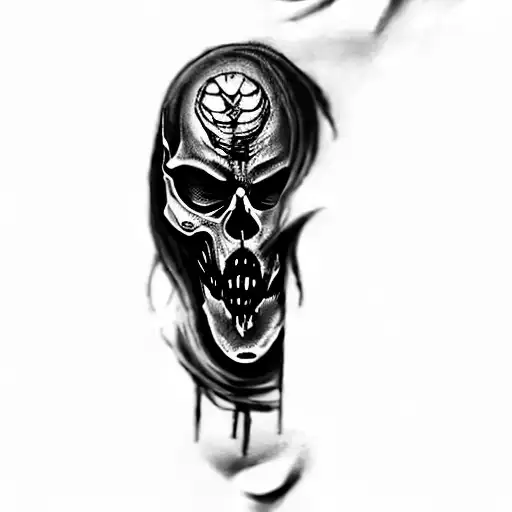 woman half zombie skull, dark, devil tattoo design idea