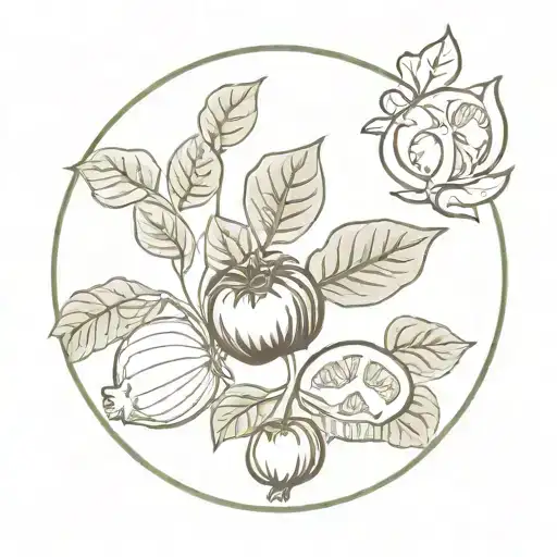 A subtle and elegant tattoo featuring a basil plant, tomato, and garlic bulb arranged in a circular design to symbolize the cycle of fresh ingredients in your food truck menu tattoo design idea