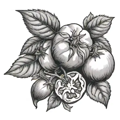 A realistic black and grey tattoo of a cluster of basil leaves, fresh tomatoes, and garlic cloves intertwined with each other tattoo design idea
