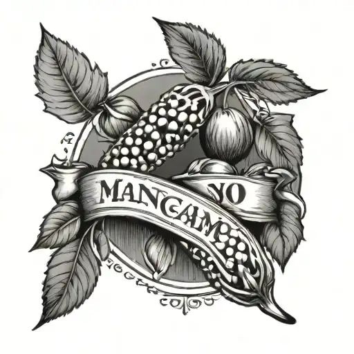 A dotwork tattoo of a stylized banner that says 'Mangiamo!' with basil leaves, fresh tomatoes, and garlic cloves as decorative elements tattoo design idea