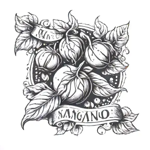 A dotwork tattoo of a stylized banner that says 'Mangiamo!' with basil leaves, fresh tomatoes, and garlic cloves as decorative elements tattoo design idea