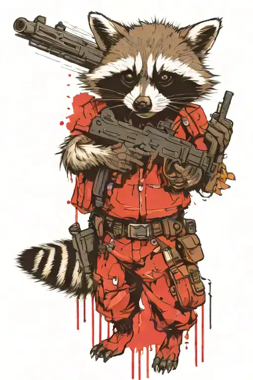 a  tattoo sketch of a raccoon holding a gun, depicted in full body. The design should not be overly detailed tattoo design idea