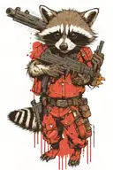 a  tattoo sketch of a raccoon holding a gun, depicted in full body. The design should not be overly detailed tattoo design idea