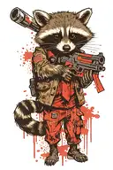 a  tattoo sketch of a raccoon holding a gun, depicted in full body. The design should not be overly detailed tattoo design idea