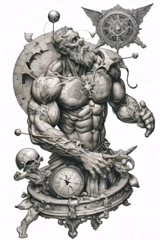 Atlas holding the universe, intricate details with time travel tattoo design idea