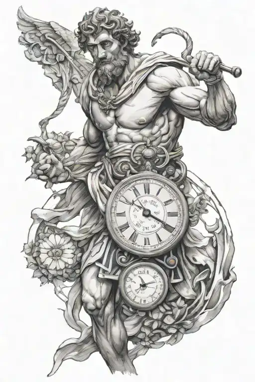 A greek god of resilience travelling through time and space holding a stopwatch  tattoo design idea