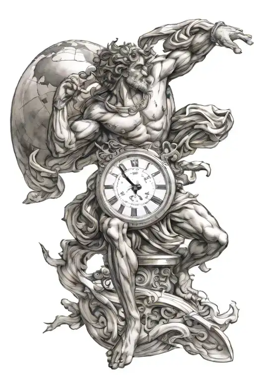 greek god atlas holding the universe with a twist of time travel destinations with fine lines  tattoo design idea